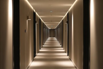 Dimly lit hotel corridor with symmetrical lighting and doors