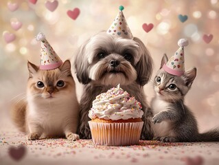 Adorable Pets Celebrating a Birthday with a Cupcake