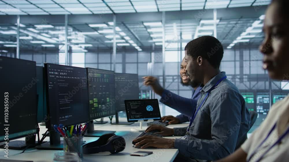 Aufkleber cheerful coworkers in data center implementing ai predictive maintenance systems. server room engine