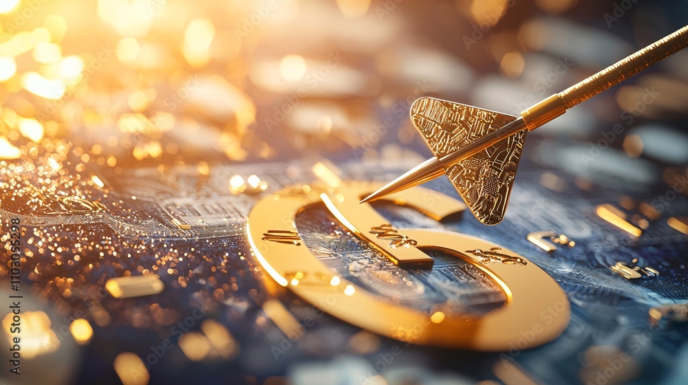 Poster golden symbol of currency with dart and glittering background