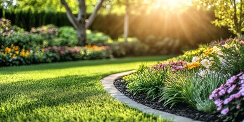 Fototapeta premium Beautifully landscaped garden featuring lush greenery, colorful flowers, and meticulously maintained lawn. Garden design and plant care inspiration.