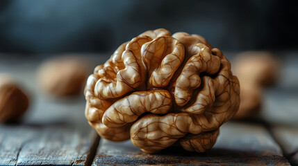Fototapeta premium Brain nourishing food; Close-up of walnuts shaped like a brain on a rustic