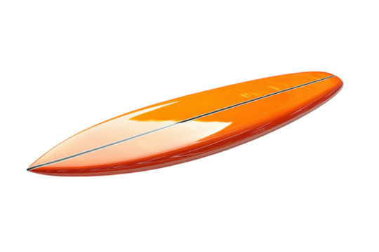 Bright orange surfboard resting on a clean white surface, displaying sleek design and vibrant color