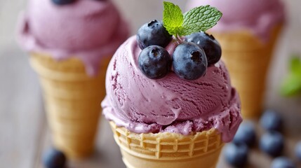 Assorted ice cream cones featuring creamy blueberry-flavored scoops topped with fresh blueberries and mint leaves on a rustic wooden background.