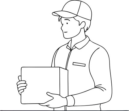 recommend clip art: line drawing of delivery person holding parcel, line art vector illustration