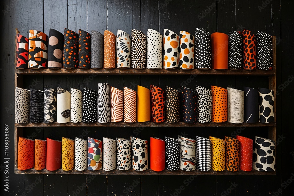 Poster a vibrant collection of unique handmade fabric patterns displayed on a rustic shelf in an artisanâ€™