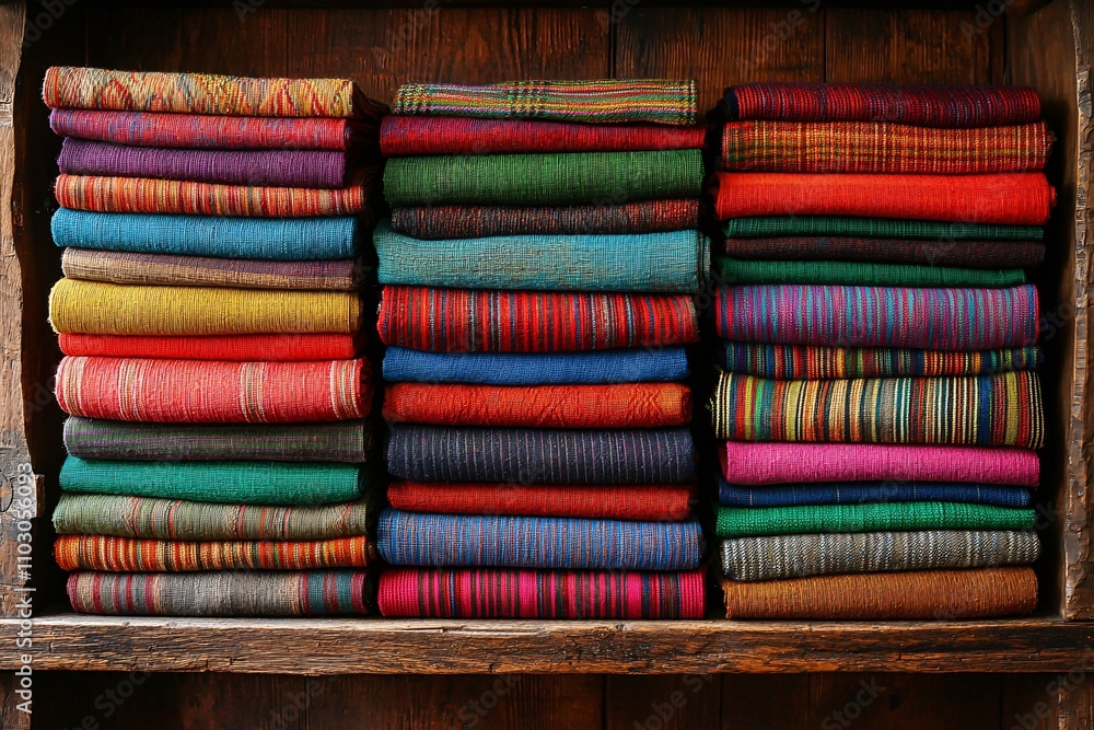 Poster a vibrant collection of unique handmade fabric patterns displayed on a rustic shelf in an artisanâ€™