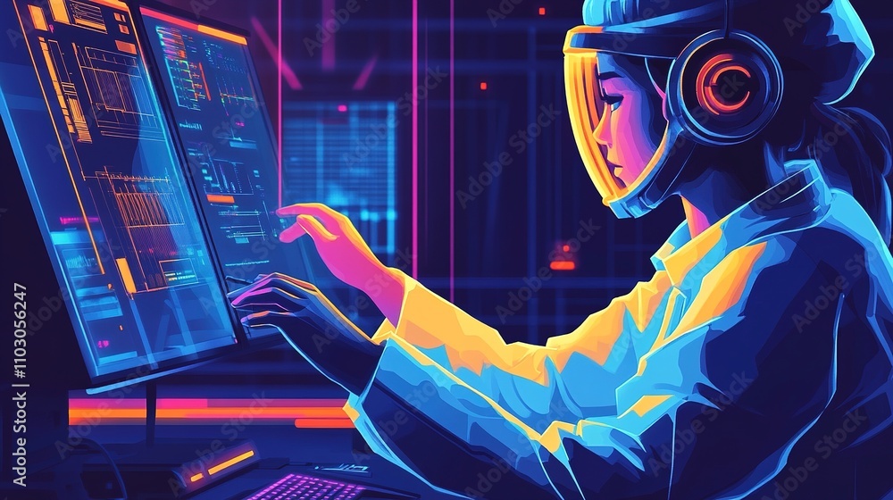 Poster futuristic female programmer working with advanced computer screens