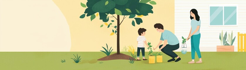 A family is gardening together, planting saplings near a tree, showcasing teamwork and nurturing nature in a bright, cheerful setting.