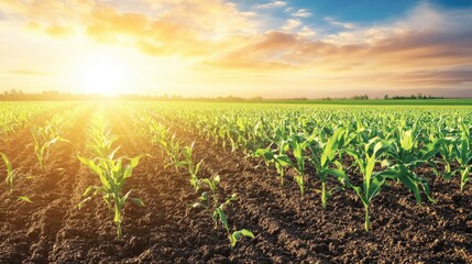Vibrant young corn plants thriving in well-tended soil under a golden sunrise, showcasing advanced agricultural techniques in a lush, expansive field.