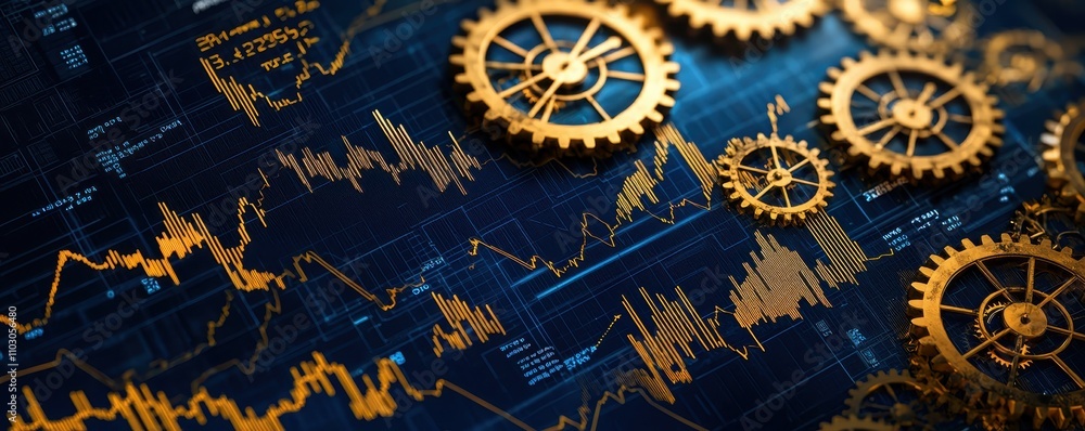 Poster a close-up of golden gears overlaying a blue background with financial graphs, symbolizing the inter