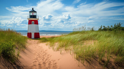 Red and white striped lighthouse on a sandy beach with dunes and tall grass - Classic and beachy, bright daylight