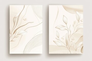 Chic nuptial announcement card layout. Delicate cream background showcasing golden artwork, botanical motifs, leafy accents, and greenery. Trendy visual for elite cover, flyer