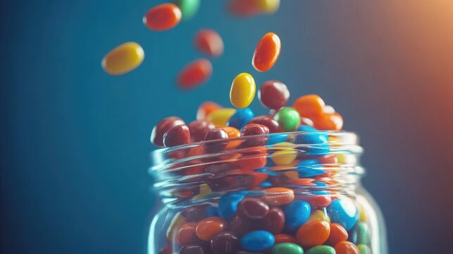 Colorful candies tumbling out of a glass jar against a soft blue background, showcasing a variety of bright colors and shapes. - Powered by Adobe