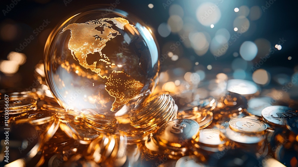 Poster globe with illuminated map surrounded by golden coins and sparkles