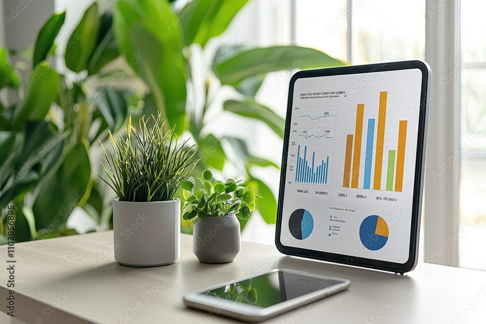 Poster a modern workspace featuring a tablet displaying colorful data graphs, surrounded by plants, creatin