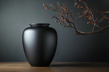 Matte black funeral urn with a minimalist design, complemented by dried branches on a wooden table, creating a solemn and reflective scene for memorials