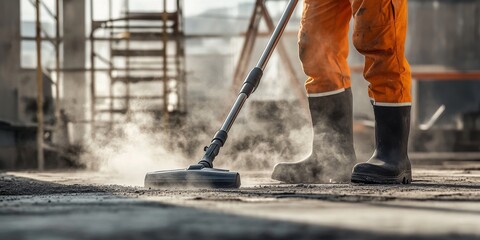 Man using vacuum cleaner for dust removal at construction site cleaning equipment concept.