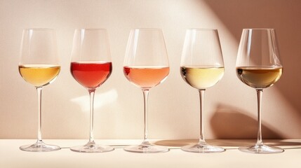 Elegant wine glass collection showcasing various alcoholic beverages, featuring distinct colors of wine against a soft neutral background.