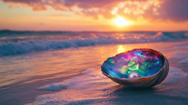 Iridescent abalone shell with a pearl on the beach, bathed in warm sunset light, with the sea in the background creating a serene, natural scene
