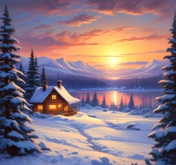 Fototapeta premium Illustration of glowing and decorative home with winter landscape.