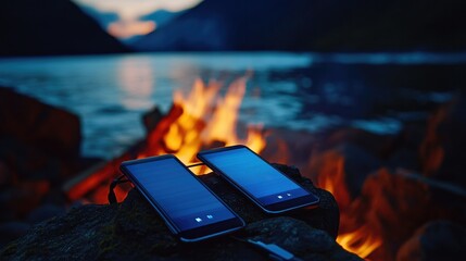 Smartphones charging on a portable solar panel near a glowing campfire at twilight, blending technology and nature.