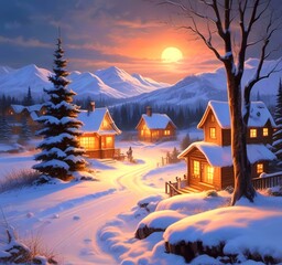 Illustration of glowing and decorative home with winter landscape.