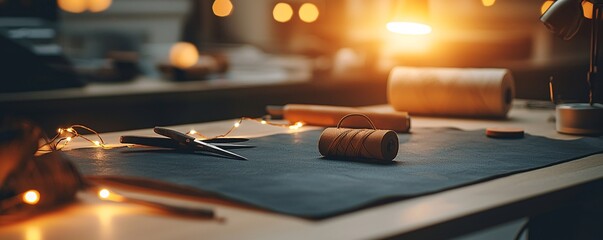 Leather crafting tools and unfinished pieces spread across a vintage table under warm lighting