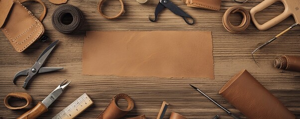 Leather crafting tools and unfinished pieces spread across a vintage table under warm lighting