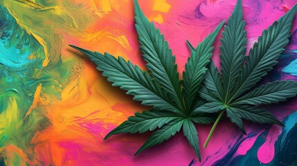 Psychedelic backdrop of vibrant cannabis leaves for 420 celebration photography. Marijuana concept with colorful and vibrant elements.