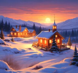 Illustration of glowing and decorative home with winter landscape.