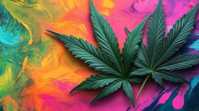 Psychedelic backdrop of vibrant cannabis leaves for 420 celebration photography. Marijuana concept with colorful and vibrant elements.