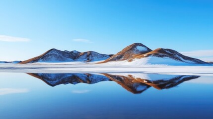 Rich brown chocolate hills mirrored in a serene icy landscape under a bright blue sky with clear reflections on calm water.