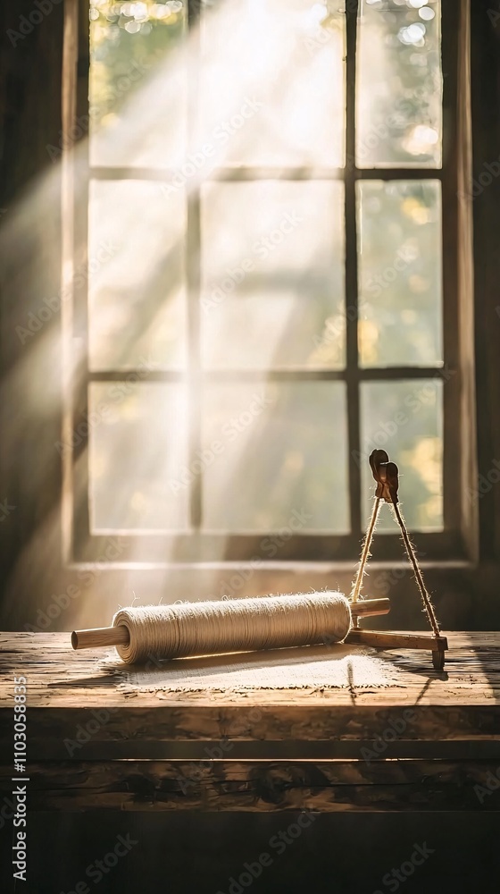 Poster weaving loom in use creating a traditional handmade fabric in a sunlit and calm environment