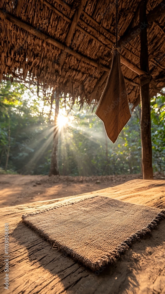 Aufkleber weaving loom in use creating a traditional handmade fabric in a sunlit and calm environment