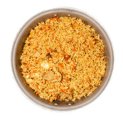 Uzbek pilaf in a cauldron.Pilaf with chicken and spices.Pilaf with meat background.Rice pilaf with chicken.