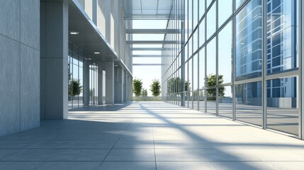 Vacant cement floor in perspective view next to a modern steel and glass building, showcasing a blend of 3D rendering and realistic elements.