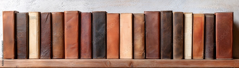 Poster elegant leather-bound notebooks displayed on a wooden shelf highlighting craftsmanship and style