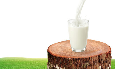 Glass of milk on a natural tree stump PNG transparent.