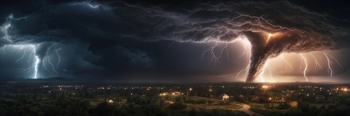 Dramatic and powerful tornado. Lightning thunderstorm flash over the night sky