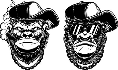 Illustration of gorilla in baseball cap in monochrome and color styles. Design element for t shirt, emblem, badge. Vector illustration