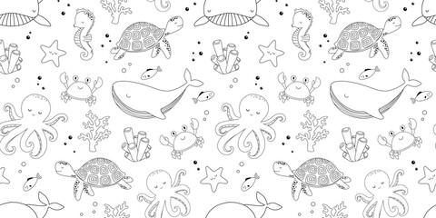 Baby seamless pattern with cute crab, whale and turtle on white background in line style for textiles or fabric for newborns © Elena