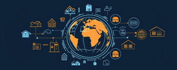 A stylized globe with interconnected icons representing homes and buildings, illustrating global real estate and urban development themes.