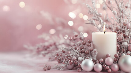 A soft background with a lit candle, surrounded by delicate branches, pink berries and shimmering ornaments,