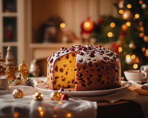 A magical winter-themed cake, red berries, and a snowy scene, capturing the spirit of the holiday season.