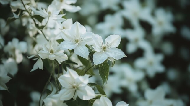 Fragrant white blooms of Clematis flammula amidst a soft, moody floral backdrop in a spring garden, featuring ample copy space and gentle textures.