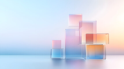 3d render, abstract geometric background, translucent glass with violet pink blue gradient, simple square shapes