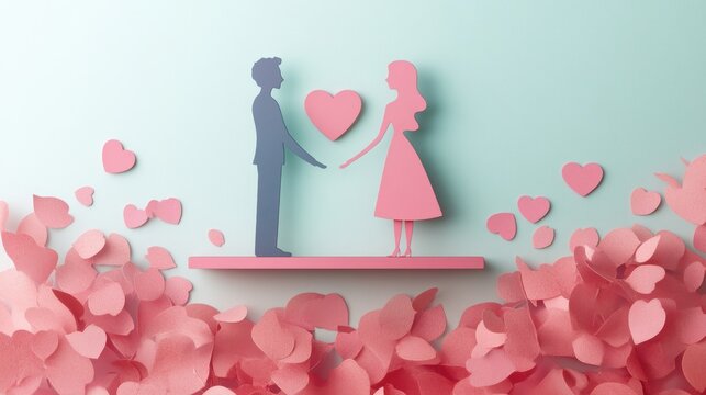 Romantic silhouette couple in pink heart garden for valentine's day