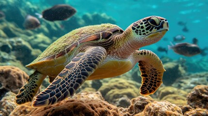 Obraz premium Sea Turtle Gliding Through Crystal Clear Waters Among Colorful Coral and Surrounding Marine Life