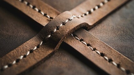 Handmade leather crafting, close-up of intricate stitching on a leather bag, authentic and skillful craftsmanship, rustic aesthetic